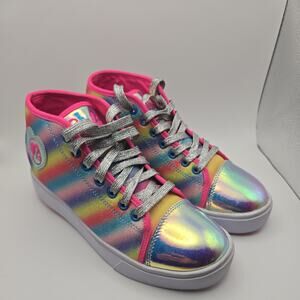 Heelys Veloz Barbie Wheeled Sneakers Womens Size 7 Rainbow Striped Sparkle Shoes